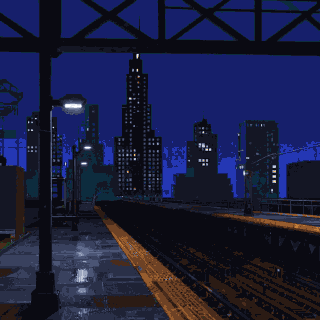Chicago skyline from an elevated train platform at night, in 16-bit pixel art